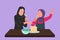 Cartoon flat style drawing cheerful Arab mom and daughter singing while cooking sweet cake together, using spatula as microphones