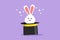 Cartoon flat style drawing of cute bunny or funny rabbit appears in magician\\\'s black hat. Animal magic show at the traveling