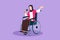 Cartoon flat style drawing disabled person enjoying life. Beautiful Arab woman sitting in wheelchair singing at karaoke hospital.
