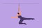 Cartoon flat style drawing of female acrobat swings on the trapeze with one hand hanging. It takes courage and continuous practice