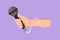 Cartoon flat style drawing of female hand with microphone isolated on blue background. Reporter television tv news holding