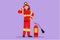 Cartoon flat style drawing firefighters standing with fire extinguisher wearing helmet and uniform with call me gesture. Working