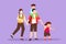 Cartoon flat style drawing happy family is hiking, traveling, trekking in the forest. Father, mother and children hiking and