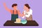 Cartoon flat style drawing happy romantic couple singing while cooking sweet cake together, using spatula as microphones. Cheerful