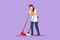 Cartoon flat style drawing housekeeping girl worker with broom, dustpan. Beautiful woman janitor, sweeping floor with broom,