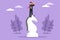 Cartoon flat style drawing innovative businessman on top of big horse chess piece using telescope looking for success, goals