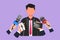 Cartoon flat style drawing of interview people. Man with microphones. Popular person, presenter, celebrity, political gives