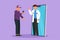 Cartoon flat style drawing male patient holding smartphone standing facing giant smartphone and consulting male doctor. Doctor