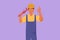 Cartoon flat style drawing male plumber holding monkey wrench and wear helmet with okay gesture, ready to work on repairing