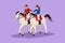 Cartoon flat style drawing of romantic couple riding horses hand in hand at sunset. Happy man making proposal marriage to pretty