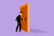 Cartoon flat style drawing young businessman holding a door knob. Entering working room in office building. Man holding door knob