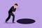 Cartoon flat style drawing young businessman scream into pit hole. Man wondering and looking at big hole, business concept in