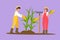 Cartoon flat style drawing young couple farmers picking corn on the tree. Family farming business, seasonal chore. Natural