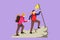 Cartoon flat style drawing young couple man and woman hikers tourists backpackers holding hands stand on hill with flag on