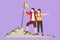 Cartoon flat style drawing young romantic couple man woman hikers tourists backpackers holding hands stand on hill with flag on