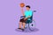 Cartoon flat style drawing of young sporty guy in wheelchair plays basketball. Disabled person spins basketball on his finger.