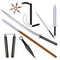 Cartoon flat style ninja weapons with shadows set: sword, sai, nunchaku and shurikens. vector illustration