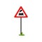 Cartoon flat vector illustration of triangular road sign with train without barrier . Railroad crossing ahead. Element