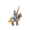 Cartoon flatvector icon of royal knight on horseback with lance in hand. Brave warrior wearing shiny iron armor