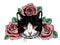 Cartoon fluffy cat with roses. Siamese cat with open eyes and flowers.