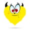 Cartoon fluffy monster with black devil horns. A mad character in the shape of a yellow heart with red hearts in big eyes and a mo