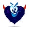 Cartoon fluffy monster with red devil horns. Crazy blue heart shaped character with big eyes. Halloween concept. Vector