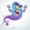 Cartoon flying monster. Vector Halloween illustration of smiling purple ghost with hands up