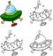 Cartoon flying saucer. Vector illustration. Coloring and dot to