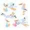 Cartoon flying storks and stork birds carrying baby vector set