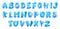 Cartoon font alphabet of blue volumetric letters vector illustration isolated.