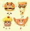 Cartoon food characters vector illustrations- cupcake, hamburger and pizza with emotions