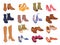 Cartoon footwear, modern shoes, boots, sneakers and clogs. Male and female fashion shoes, casual seasonal footwear vector symbols