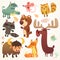 Cartoon forest animals set. Vector illustrated. Squirrel, mouse, raccoon, boar, fox, buffalo, bear, moose, bird. Isolated.