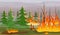 Cartoon forest fire, burning trees, wildfire natural disaster. Effect of climate change or global warming, bushfire