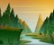 Cartoon forest landscape with mountains, river and fir-trees. Sunset or sunrise scenery background.