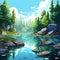 Cartoon Forest With Reflective Water And Nature-inspired Elements