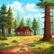 Cartoon Forest Scene With Log Cabin And Tall Pine Trees