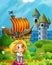 Cartoon forest scene with prince on path near the forest sea shore and and castle tower - illustration