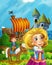 Cartoon forest scene with prince on path near the forest sea shore and and castle tower - illustration