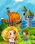 Cartoon forest scene with prince on path near the forest sea shore and and castle tower - illustration