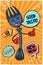 Cartoon fork with a funny face. Retro style comic illustration. Vintage vector poster for cafe, bar or restaurant.
