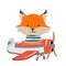 Cartoon fox fly on a airplane. Image for children clothes, postcards.