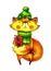 Cartoon fox in a green winter hat and scarf with a large gift in the hands
