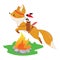Cartoon fox with an Indian headdress made of feathers on his head. A lovely stylized fox jumped over the fire. Vector