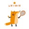 Cartoon fox vector illustration. Card with cute athlete fox