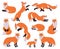 Cartoon foxes, forest red cute fox character. Woodland animal, forest wildlife predator sleeping, running, jumping