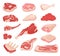 Cartoon fresh meat. Raw beef, lamb leg, steak, rack of pork ribs, minced meat, bacon. Variety cooking farm product