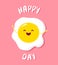 Cartoon fried egg raises hands and smiles. Vector card