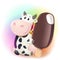 Cartoon friendly cow holding ice cream chocolate bar. Vector clipart illustration.