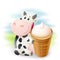 Cartoon friendly cow holding ice cream waffle cup. Vector clipart drawing illustration.